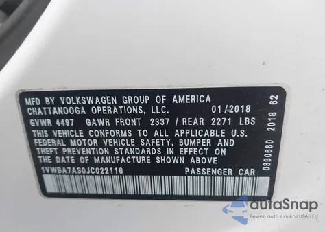 2018 Volkswagen Passat 2.0T Se z USA, uszkodzony, nr VIN 1VWBA7A30JC022116